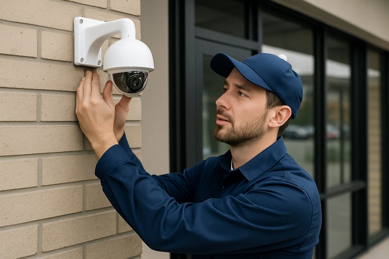 Technician installing a security camera at a business location