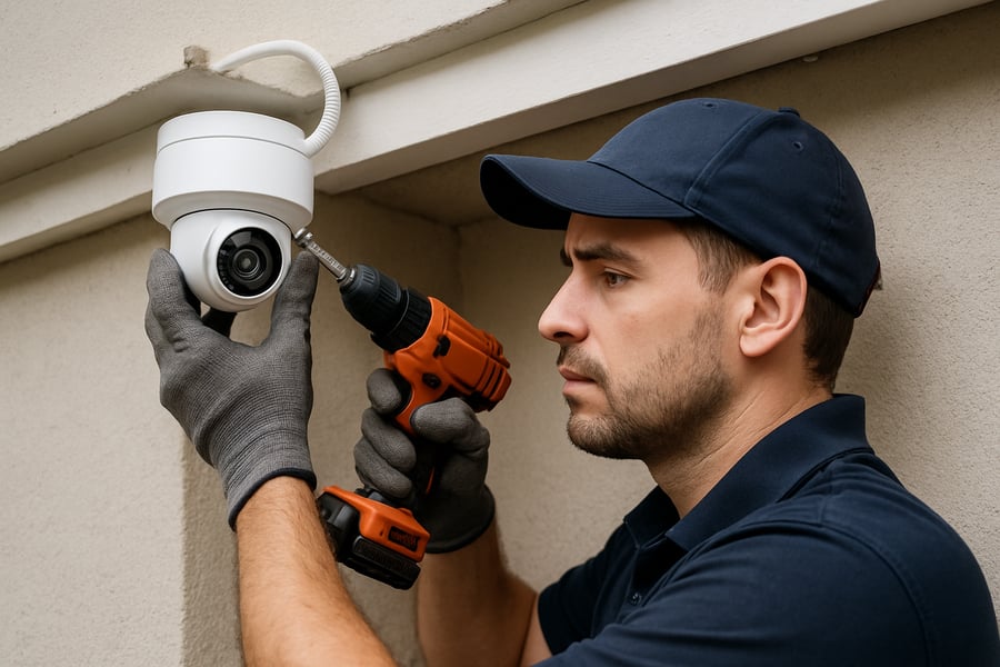 Technician installing a security camera system